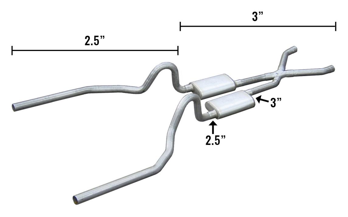 71-73 Mustang Crossmember Back Hybrid Exhaust Race Pro Muffler 3-2.5 Inch W/ X Pipe Pypes Exhaust