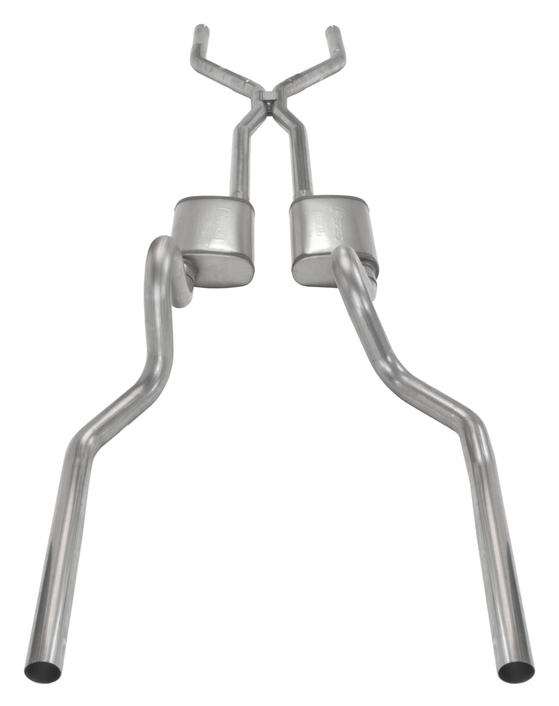 Crossmember Back w/H-Pipe Exhaust System 71-73 Mustang Split Rear Dual Exit 2.5 in Intermediate And Tail Pipe Hardware Incl Muffler And Tip Not Incl Pypes Exhaust