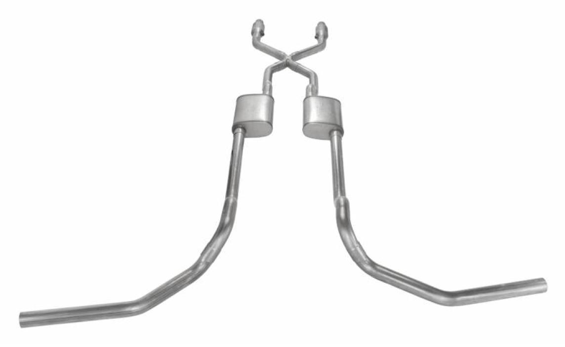 Crossmember Back w/X-Pipe Exhaust System 75-76 Ford Truck Split Rear Dual Exit 2.5 in Intermediate And Tail Pipe Hardware Incl Muffler And Tip Not Incl Catalytic Converter Incl Pypes Exhaust