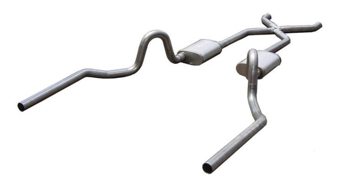 Crossmember Back w/X-Pipe Exhaust System 64-72 A-Body Split Rear Dual Exit 2.5 in Intermediate And Tail Pipe Muffler Not Incl Hardware Incl Tip Not Incl Pypes Exhaust