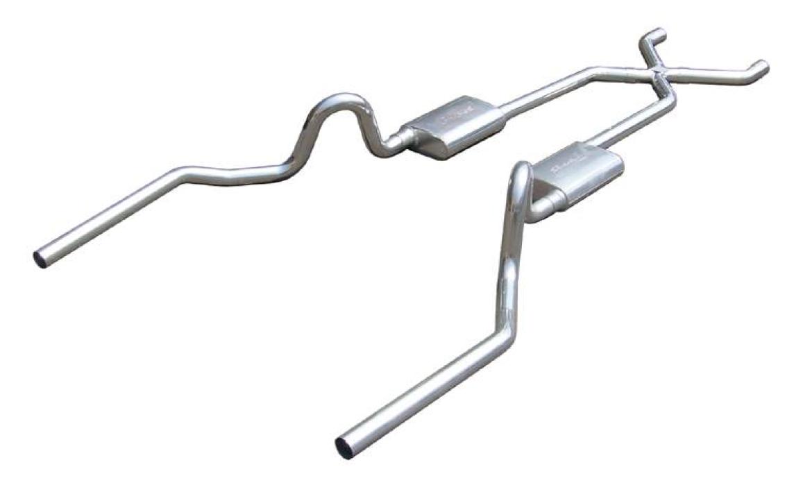 Crossmember Back w/X-Pipe Exhaust System 64-74 GM A Body Split Rear Dual Exit 3 in Intermediate And Tail Piper Street Pro Muffler/Hardware Incl Tip Not Incl Pypes Exhaust