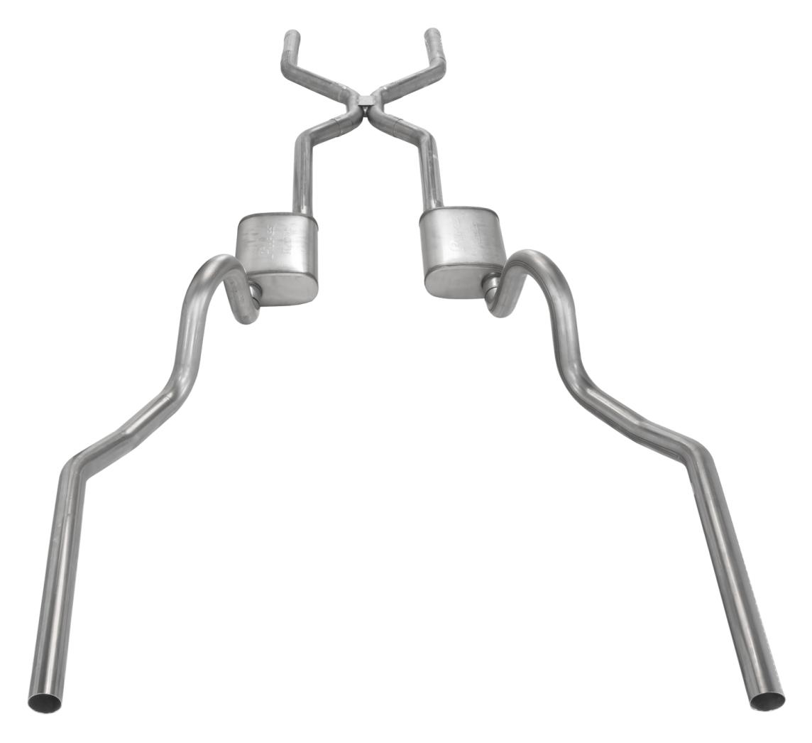 Crossmember Back w/H-Pipe Exhaust System 64-74 GM A Body Split Rear Dual Exit 3 in Intermediate And Tail Pipe Hardware Incl Muffler And Tip Not Incl Pypes Exhaust