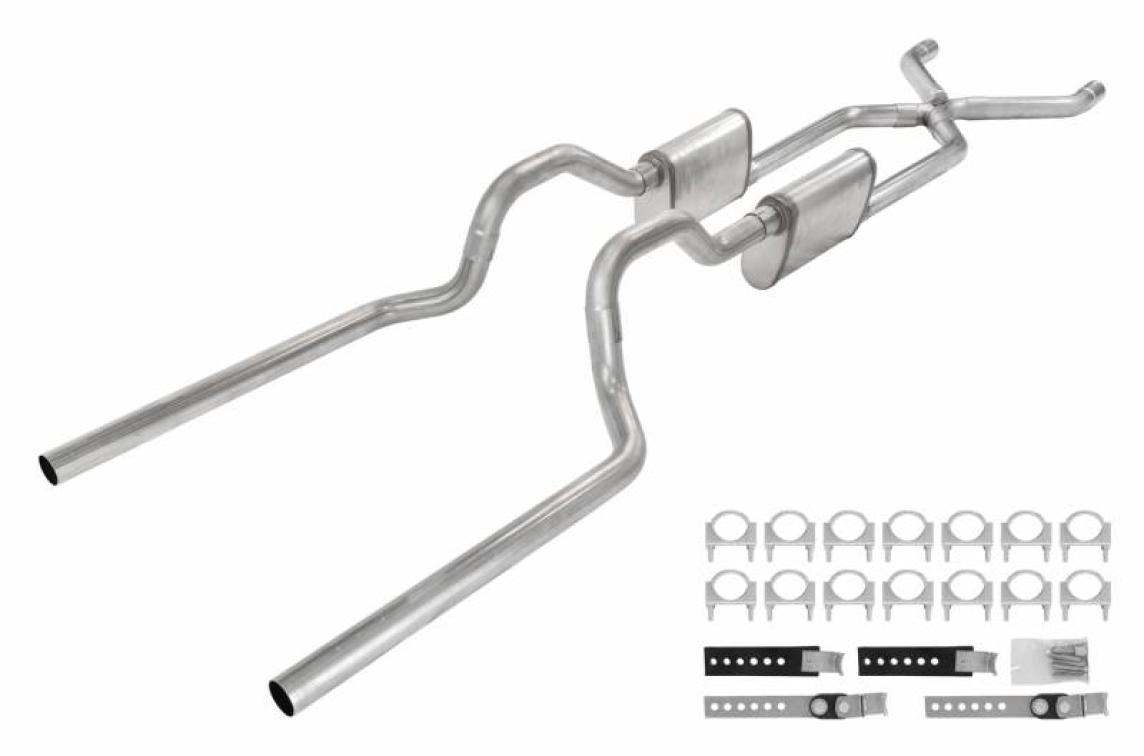 Crossmember Back W/ X-Pipe Exhaust System 63-66 GM Truck Split Rear Dual Exit 2.5 Inch Intermediate And Tailpipe Hardware Incl Muffler And Tip Not Incl Stainless Steel Pypes Exhaust