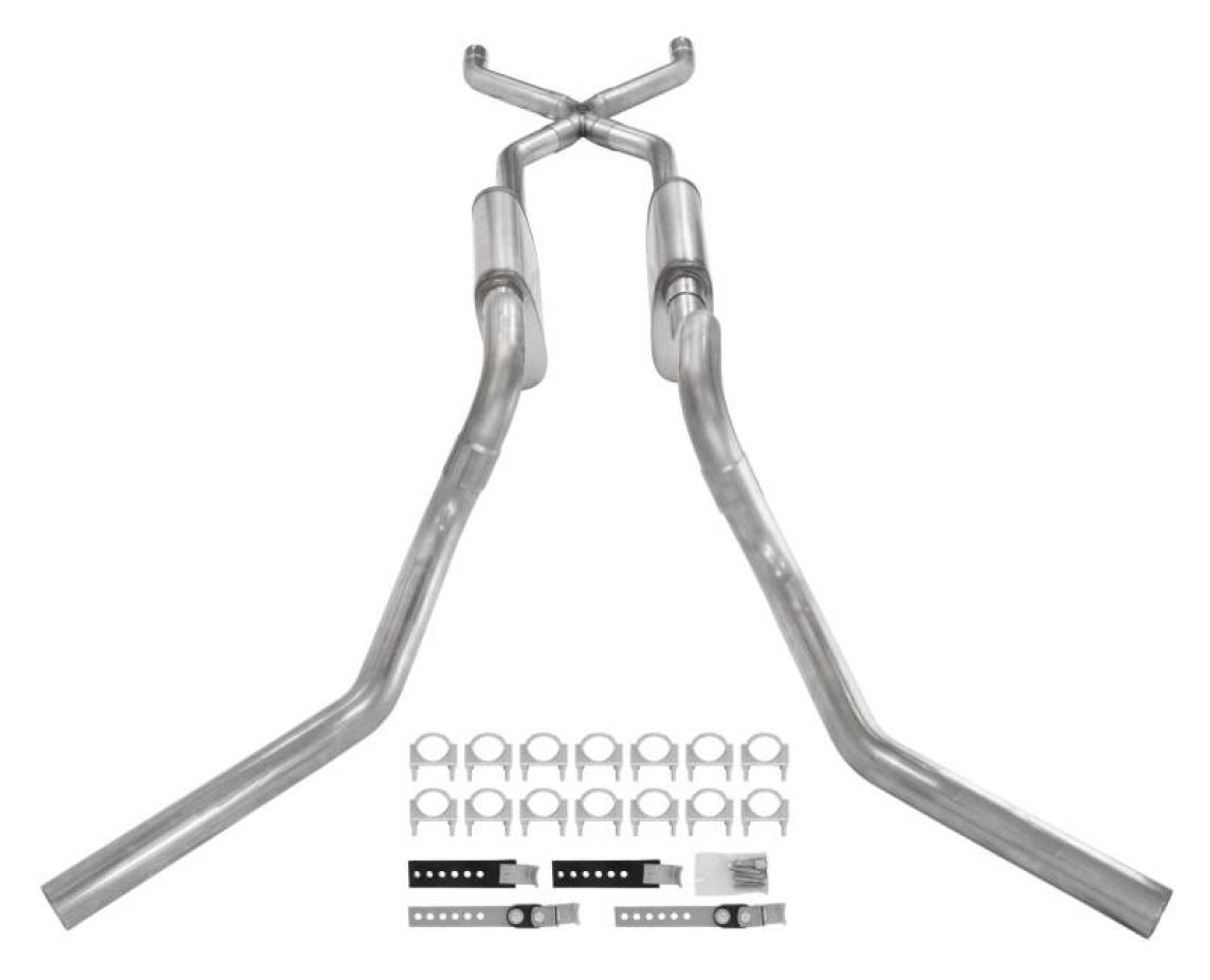 Crossmember Back W/ X-Pipe Exhaust System 63-66 GM Truck Split Side Dual Exit 2.5 Inch Intermediate And Tailpipe Hardware Incl Muffler And Tip Not Incl Stainless Steel Pypes Exhaust