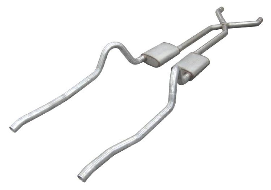 Crossmember Back w/X-Pipe Exhaust System 67-73 Mopar A-Body Split Rear Dual Exit 2.5 in Intermediate And Tail Pipe Hardware Incl Muffler And Tip Not Incl Pypes Exhaust