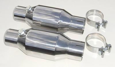 High Flow Mini Catalytic Converter 300 Cell Count 2.5 in Metallic Substrate Polished 304 Stainless Steel Pypes Exhaust