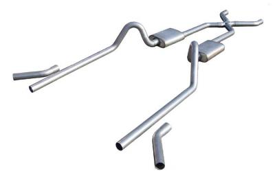 Crossmember Back w/X-Pipe Exhaust System 55-57 Tri-Five Chevy Split Rear Dual Exit 2.5 in Intermediate And Tail Pipe Hardware Incl Muffler And Tip Not Incl Pypes Exhaust