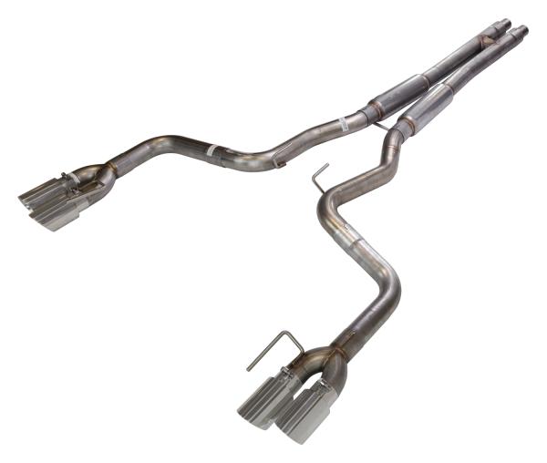 Cat Back Exhaust System 18-Pres Mustang GT Split Rear Quad Exit 3 in Quad 304 Stainless Steel Polished Tips Incl Mid Muffler/H-Pipe/Hardware 409 Stainless Steel Natural Finish Pypes Exhaust