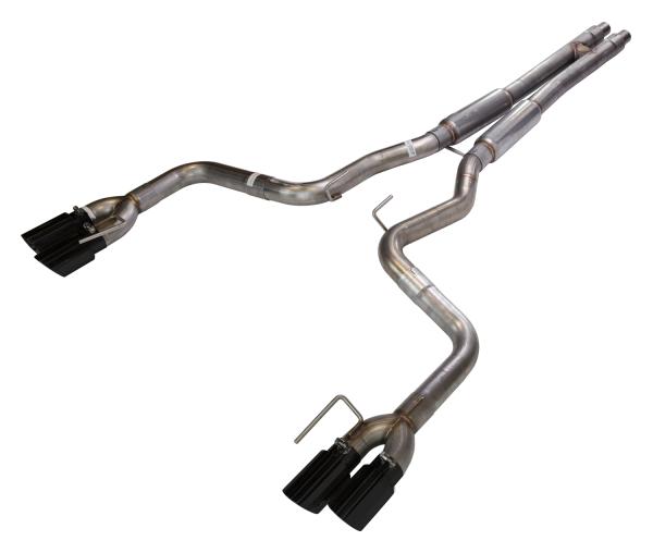 Cat Back Exhaust System 18-Pres Mustang GT Split Rear Quad Exit 3 in Quad 304 Stainless Steel Black Coated Tips Incl Hardware/Mid Muffler/H-Pipe 409 Stainless Steel Natural Finish Pypes Exhaust