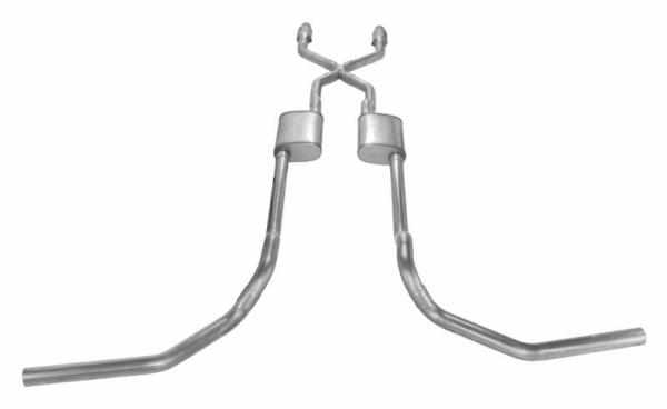 Crossmember Back w/X-Pipe Exhaust System 75-76 Ford Truck Split Rear Dual Exit 2.5 in Intermediate And Tail Pipe Hardware Incl Muffler And Tip Not Incl Catalytic Converter Incl Pypes Exhaust