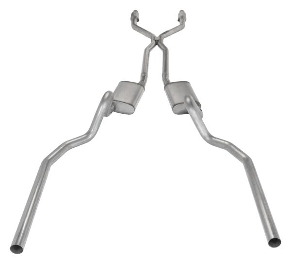 Crossmember Back w/H-Pipe Exhaust System 78-88 El Camino SS Split Rear Dual Exit 2.5 in Intermediate And Stainless Steel Tail Pipe Muffler And Tip Not Incl Natural Finish 409 Stainless Steel Catalytic Converter Incl Pypes Exhaust