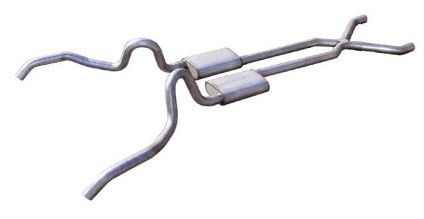 Crossmember Back w/X-Pipe Exhaust System 62-67 Nova Split Rear Dual Exit 2.5 in Intermediate And Tail Pipe Hardware Incl Muffler And Tip Not Incl Pypes Exhaust