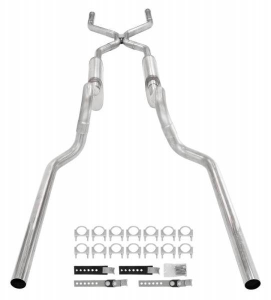 Crossmember Back W/ H-Pipe Exhaust System 63-66 GM Truck Split Rear Dual Exit 2.5 Inch Intermediate And Tailpipe Hardware Incl Muffler And Tip Not Incl Stainless Steel Pypes Exhaust