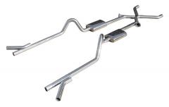 Crossmember Back w/Xchange Exhaust System 55-57 Chevy Split Rear Dual Exit 2.5 in Intermediate And Tailpipe Muffler And Tip Not Incl 409 Stainless Steel Pypes Exhaust