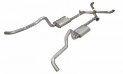 Crossmember Back w/X-Pipe Exhaust System 55-57 Tri-Five Chevy Split Rear Dual Exit 2.5 in Stainless Steel Intermediate And Tail Pipe Hardware Incl Muffler And Tip Not Incl 409 Stainless Steel Pypes Exhaust