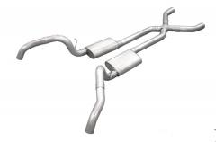 Crossmember Back w/X-Pipe Exhaust System 67-69 Split Rear Dual Exit 3 in Intermediate And Tail Pipe Hardware Incl Muffler And Tip Not Incl Natural 409 Stainless Steel Pypes Exhaust
